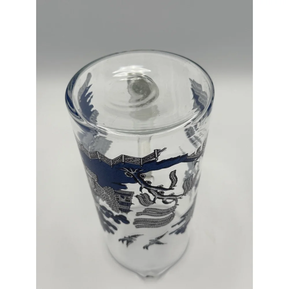 Vintage Glass Blue Willow Martini Pitcher w/ Applied Glass Handle